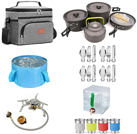 Fukamou Hervidor de Agua para Olla de Camping, Kit de Utensilios de Cocina para Acampar,Kits portátiles para Olla, sartén, hervidor, Tenedor, Cuchara - Estufa, Tazas, Utensilios de Cocina, diseño