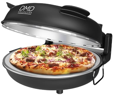 DMD Collective - 12'' Electric Pizza Oven with Stone Base, Glass Window & 2 Pizza Paddles | Countertop Pizza Maker, Thermostat Control, 15min Timer, Portable Tabletop Oven 1200W