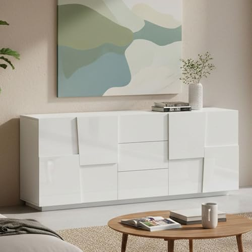Dmora - Buffet Yoel de Salon avec 4 Portes et 3 Tiroirs, 220x44h86 cm, Blanc Brillant