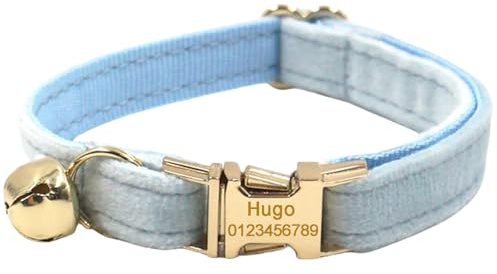Personalisiertes Katzenhalsband mit Namensschild, verstellbares Samt Katzenhalsband mit Glocke, Haustier Halsband mit Name Telefonnummer Gravierte ID Tags (Sky Blue)