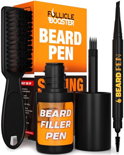 FOLLICLE BOOSTER Beard Pen Filler Styling Kit for Men - Medium Black - 3 in 1 Complete Beard and Scalp Set with Patented 4-Tip Fork, Normal Pen, and Brush - Waterproof, Sweatproof & All Day Hold