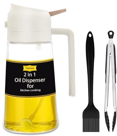 Taerxun Pulverizador aceite spray,Spray aceite cocina y vierta aceite 2 en 1 aceitera cristal,470ml aceitera antigoteo,Apto para cocina, Freidora, Grill, Horneado, Etc., Blanco.