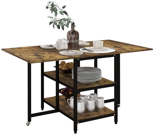 HOMCOM Esstisch Klappbar, Küchentisch mit 2 Ablagen, 140 x 80 cm Klapptisch mit Rollen, Esszimmertisch für 2-6 Personen, für Küche, Esszimmer, Stahl, Rustikal-Braun