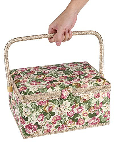 Grande cestino da cucito, cestino da cucito con stampa floreale, scatola portaoggetti per kit da cucito con vassoio rimovibile, maniglia, organizer per oggetti vari per la casa