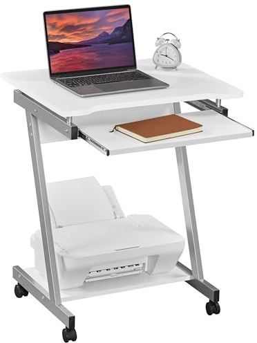 Yaheetech Small Computer Desk Z-Shaped PC Table on Wheels Movable, White | Z-Shaped Computer Desk, Sliding Keyboard Tray, Modern Design, Easy Assembly. Ideal for Home Office & Study