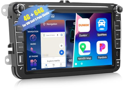 4G+64G CAMECHO Android 13 autorradio para VW Golf 5 Polo Skoda con Navi Carplay Android Auto,8 Pulgadas Doble DIN Radio Coche Pantalla táctil con Bluetooth Mirror Link FM/RDS/32EQ WiFi SWC y USB