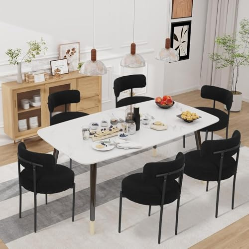ARTETHYS Esszimmerstühle 6er Set Teddy Stoff Runde Boucle Stühle Esszimmer | Dining Chairs mit Abnehmbare Kissen,Metallbeine Schwarz, Geschwungene Rückenlehne,76 cm Höhe Für Küche & Wohnzimmer,Schwarz
