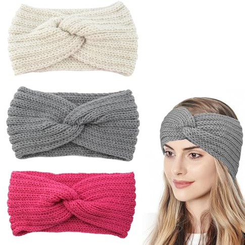 MINGRUO 3Pcs Gestricktes Crossover-Haarband aus Wolle, Winter Stirnband für Damen, Stirnbänder Strick, Ohrenwärmer Gestricktes Stirnband, Headband gestrickt Haarband, Gestrickte Stirnband Damen aus