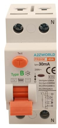 A2ZWORLD Disjoncteur différentiel type B 30mA, RCCB classe B 30mA 2P 40A, 1P+N 2 pôles 10kA 230V, occupe 2 modules sur rail DIN