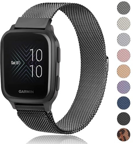 Amzpas Garmin Armband 20mm für Damen Herren, Edelstahl Mesh Metall Ersatzarmbänder für Garmin Venu Sq 2 (Schwarz)