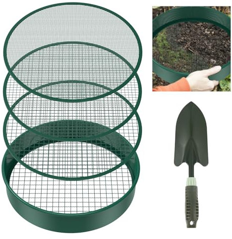 Foppla Gartensieb rund 30 cm mit 4 austauschbaren Siebeinsätzen - Kompostsieb aus Edelstahl für Erde, Kompost, Saatgut - inklusive Gartenschaufel (6PCS)