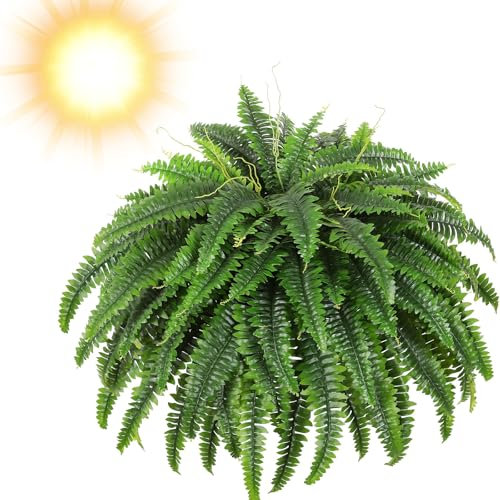Vgpbphj Helecho Boston artificial resistente a los rayos UV, arbusto de helecho Boston artificial sedoso individual, plantas artificiales grandes, decoraciones realistas de vegetación falsa para