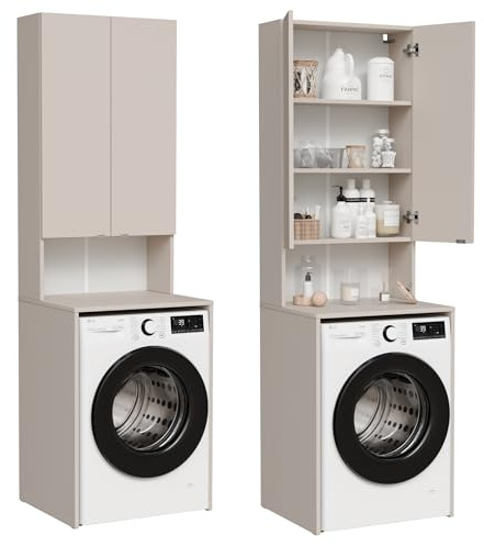 PLATAN ROOM Armadio per lavatrice e asciugatrice, 210 x 66 x 50/56 cm, bianco (cashmere (beige), profondità 56 cm)