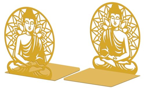 Peacoblue Buchstützen Metall,Goldener Buddha Buchstütze Dekorativ | 1 Paar 5.3x4.3x6.1 schwere Gusseisen Buchhalter, Stabile Buchstopper für Bücherregal, Schreibtisch, Büro und Wohnraum