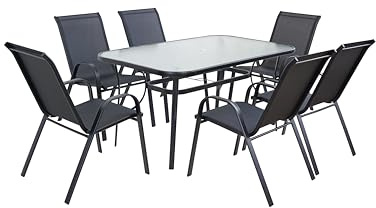 ZENJOY, KINDLY, Gartenmöbel Set mit 6 Stühlen, Gartenmöbel set, 150x90cm Glastisch mit Loch für einen Regenschirm, Stapelbare Textilene-Stühle, Wetterfest, UV-beständig, Schwarz