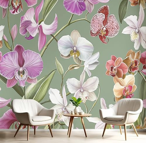Seide Fototapete Lila Orchidee 400x280cm - Foto Tapete Elegante Blumen, XXL Wandtapete Motivtapeten Bildtapete 3d Effekt Wand Dekoration für Schlafzimmer, Wohnzimmer, Flur