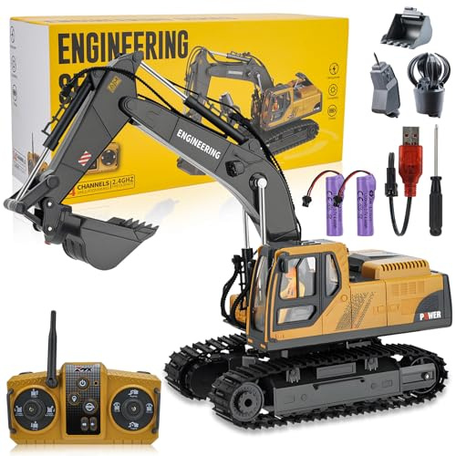 RC Excavator Toy for Boys 3-12, 3-IN-1 Bucket/Claw/Drill, 2.4GHz 14 Channel Construction Truck with 680°Rotating, 2400mAh Battery/LED Lights/Realistic Sounds, Durable Engineering Vehicle Gift for Boys