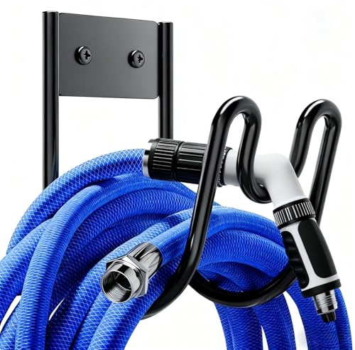 UKBUYQC 2 Pcs Stainless Steel Garden Hose Brackets, Black Wall-Mounted Hangers, Metal Garage Storage Hooks, Rust-Proof Water Hose Hangers