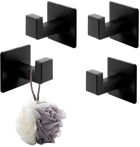 HASLED 4 Stück Wandhaken Selbstklebend Schwarz, ohne Bohren | 304 Edelstahl Haken, wandhaken schwarz, Rechteckige Klebehaken für Fliesen & Glas | Badezimmer, Küche, Wohnzimmer Haken