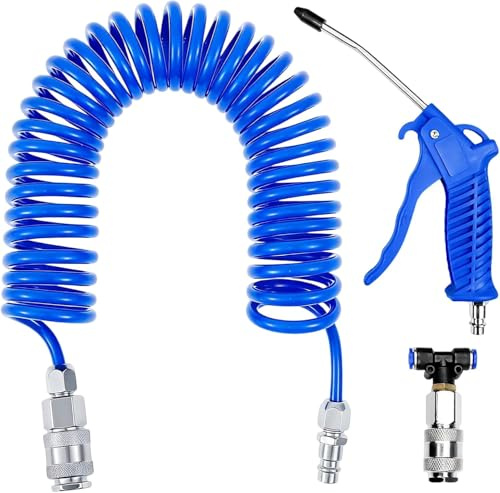 Ausblaspistole Druckluft Set, Lkw Luftpistole Air Duster mit 5M Spiralschlauch, Druckluft Zubehör, Druckluftpistole mit T Stück Schnellkupplung für LKW Auto PKW Boot