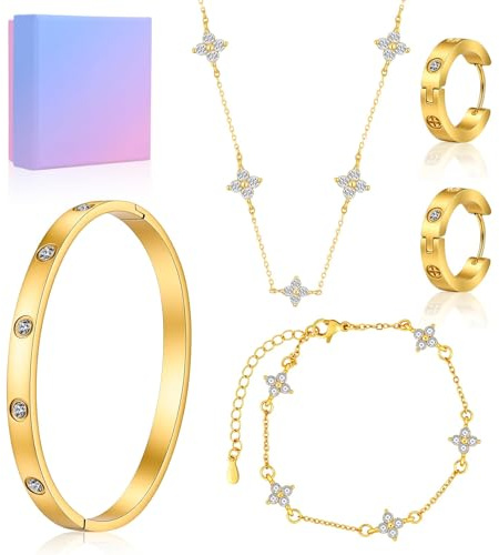 Ouxayapl Ensemble de 4 pièces de bijoux en or pour femme, ensemble de collier en or avec 3 paires de boucles d'oreilles en or, collier en or, chaîne en or pour femme, bijoux en or, petites créoles en