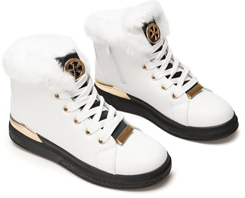 Botas cálidas de Invierno para Mujer: Zapatillas Antideslizantes con Forro de Piel sintética, Cremallera Interior, Impermeables, cómodas, con Cordones, para Caminar al Aire Libre.-Black White-38