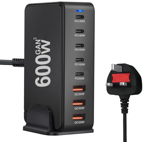 600W USB C Charger Hub,8-Port GAN III USB-C Charging Station with 5 USBC and 3 USB A Port Multi Charger,Support Max PD140W, 100W, 30W Compatible with MacBook Pro/Air, iPh0ne 16/15/14 Pro,Galaxy