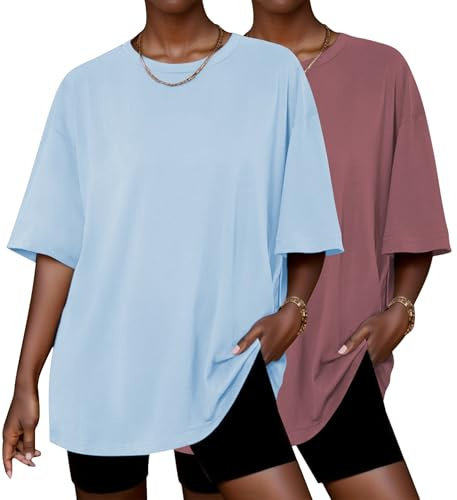 Ekouaer Camisetas Mujer Manga Corta Oversize Basicas Camiseta Pack de 2 Cuello Redondo T-Shirt Verano Primavera Top, Magenta + Azul L
