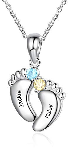 Wamantic Collier Pieds de Bébé Personnalisé pour Maman Pendentif Pierre de Naissance avec Prénoms Collier Empreinte de Famille Gravé Cadeau Fête des Mères pour Femme (2 nom)