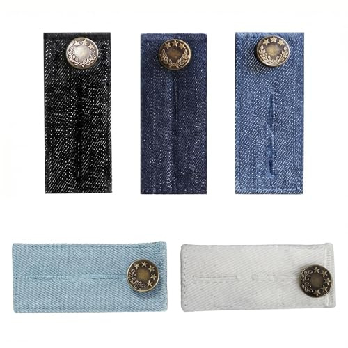 5er Set Hosenbunderweiterung aus Denim, 2-Loch-Schwangerschaft-Hosenerweiterung, Verstellbare Knopfverlängerung für Jeans und Hosen, Taillenverlängerung für Damen und Herren