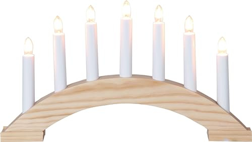 Fensterleuchter Bea von Star Trading, Kerzenständer mit 7 Glühbirnen E10 warmweiß, Weihnachtsdeko aus Holz in Natur, Kabelschalter, Länge: 39 cm
