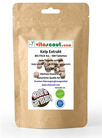 Kelp 600mg – 500 Tabletten (aus 120mg Extrakt 5:1) – Liefert bis zu 900µg Jod pro Tablette – Höchstdosiert – Ohne Magnesiumstearat
