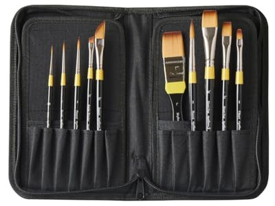 Daler-Rowney System3 Kunsthaar-Pinsel mit kurzem Griff, klassisches Acryl-Pinsel-Set in Reißverschlussetui, 10 Verschiedene Pinsel, ideal für professionelle Künstler und Studenten