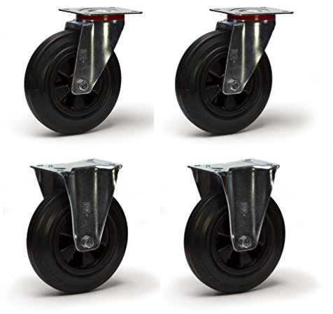 Lot de 4 roulettes pivotantes et fixes caoutchouc noir 125 mm - 300 kg
