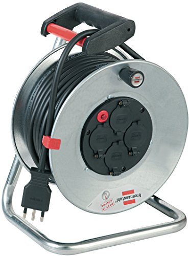Brennenstuhl 1197305 Avvolgicavo 33 M Serie Garant Sk in Acciao Zincato Antiruggine, Spina Italiana 16A e 4 Prese Italiane 10A+16A e Schuko con Coperchi Autochiudenti, Maniglia Ergonomica, Argento