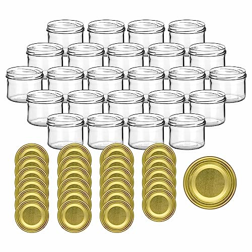 gouveo 24er Set Einmachgläser 230 ml rund mit Schraubdeckel goldfarben - Vorratsgläser mit Drehverschluss TO82 - Leere Gläser für Marmelade, Honig, Selbstgemachtes (EGW230G)