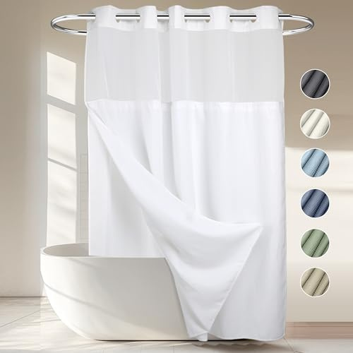 River Dream No Hooks Required Waffle Weave Shower Curtain with Snap in Liner - 71W x 74H,Hotel Grade,Spa Like Bath Curtain,White