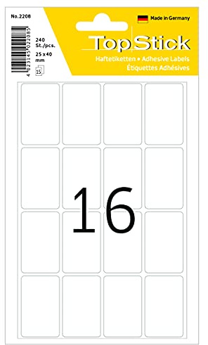 TopStick 2208 hushållsetiketter små (25 x 40 mm, 15 ark, papper, matt) självhäftande, permanenta multifunktionsetiketter för handskriven märkning, 240 klistermärken, vit