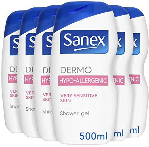 Sanex Dermo Hypo-Allergenic Shower Gel 500 ml Pack of 6, For Very Sensitive Skin, No Colourants or Soap, For Delicate Skin (6 x 500 ml)
