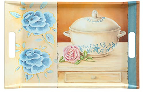 Lashuma Bandeja de cocina grande rectangular, bandeja de plástico azul y blanco Impresión: cacerola, tamaño: 47 x 31 cm