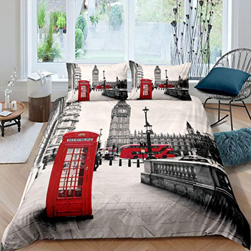 Homewish London Bettwäsche-Set, Big Ben Bettbezug 135x220, rote Telefonzelle Bettdecke für Jugendliche Erwachsene Frauen, leichte weiche Mikrofaser grau Bettbezug mit 1 Kissenbezug, grau