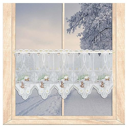 atelier alles-Spitze Hochwertige Winter-Scheibengardine Futterkrippe mit Hase | Halbtransparenter Kurzstore mit Vogtländischer Stickerei in weiß, braun, grün und Gold | Höhe x Breite 35 x 64 cm