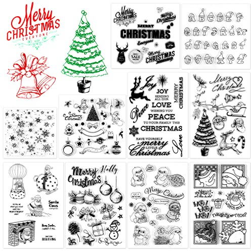 DPKOW 170pcs Merry Christmas Clear Stamps Silicone for Kids Card Making, Santa Hat Xmas Tree Bauble Penguin Snowflake Stamps DIY Scrapbooking Christmas Art Crafts Supplies