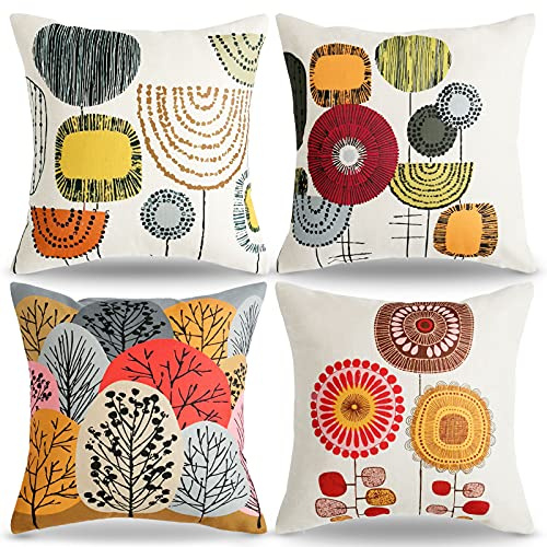 RYBornament Kissenbezug 40x40 Dekokissen Sofakissen Kissen Rot Abstrakt Blumen Zierkissenbezüge Herbst Outdoor Kissenbezüge Vintage Bauernhaus Deko Leinen Werfen Kissen für Sofa Schlafzimmer, 4er Set