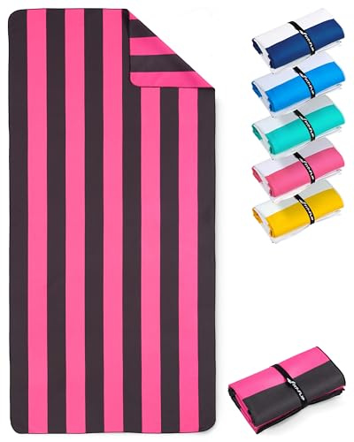 Fit-Flip Strandtuch XXL Mikrofaser leicht und schnelltrocknend | Pink-Dunkelgrau gestreift 160x90cm, Strandhandtuch, 100% recycelt, Badetuch groß, Reisehandtuch