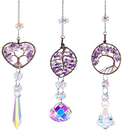 JSDDE Chakra Arbre de Vie Attrape-Soleil en Cristal Arc-en-Ciel Prisme Pendentif en Verre Suspension pour Jardin Fenêtre Voiture Pendentif à la Main Pierre Naturelle en (Améthyste)