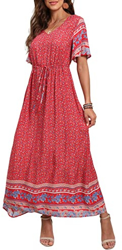 GRECERELLE Womens Summer Maxi Boho Beach Dress Floral Print Dress V Neck Short Sleeve Drawstring High Waist Flowy Long Midi Dresses (Blue Leadwort Red, M)