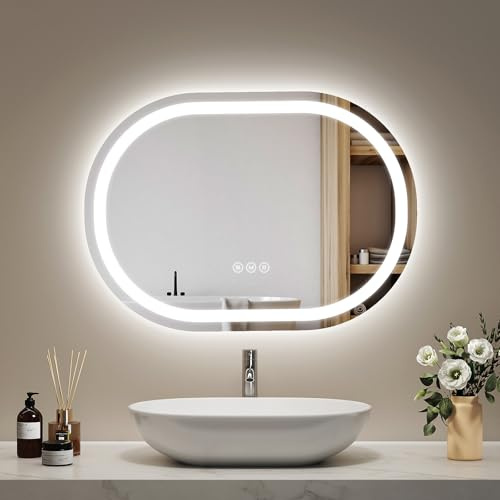 EMKE Ovale Badspiegel mit Beleuchtung 50x70cm, 3 Lichtfarbe Dimmbar | Badezimmerspiegel mit Antibeschlag, Touchschalter, Speicherfunktion, IP44 Schutz, Auto-Abschaltung nach 3h, Oval Spiegel
