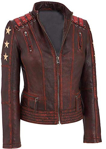 Aksah Fashion Vintage Dunkelbraun Motorrad Echtleder Lacket | Echtleder Motorradjacke für Damen, rot, 42