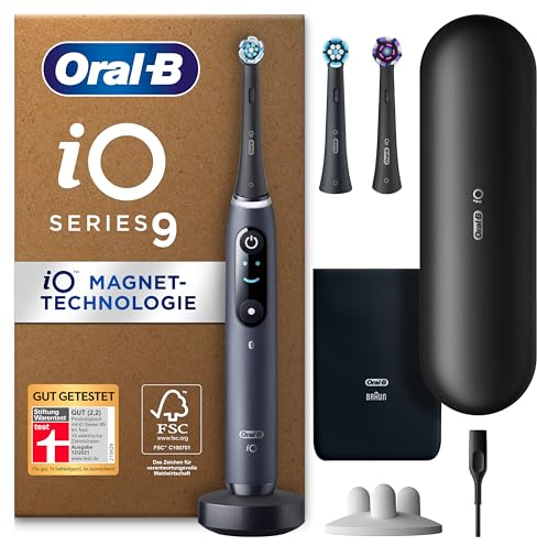 Oral-B iO 9 Cepillo de Dientes Eléctrico con Mango Recargable, 3 Cabezales y Estuche de Viaje con Cargador, Diseñado Por Braun - Negro
